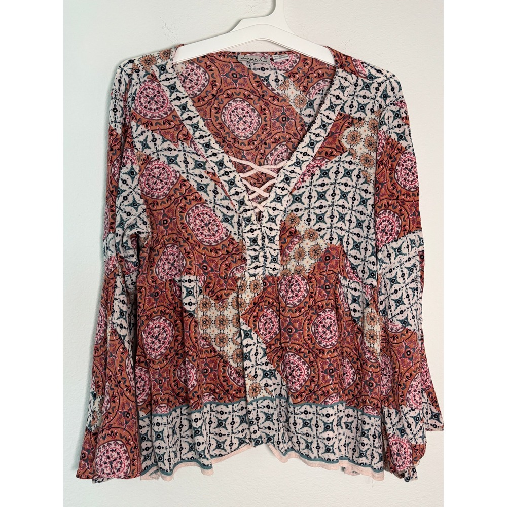 Emma‎ G Boho Medallion Patchwork Lace Up Bell Sleeve Peasant Blouse Rust Pink L